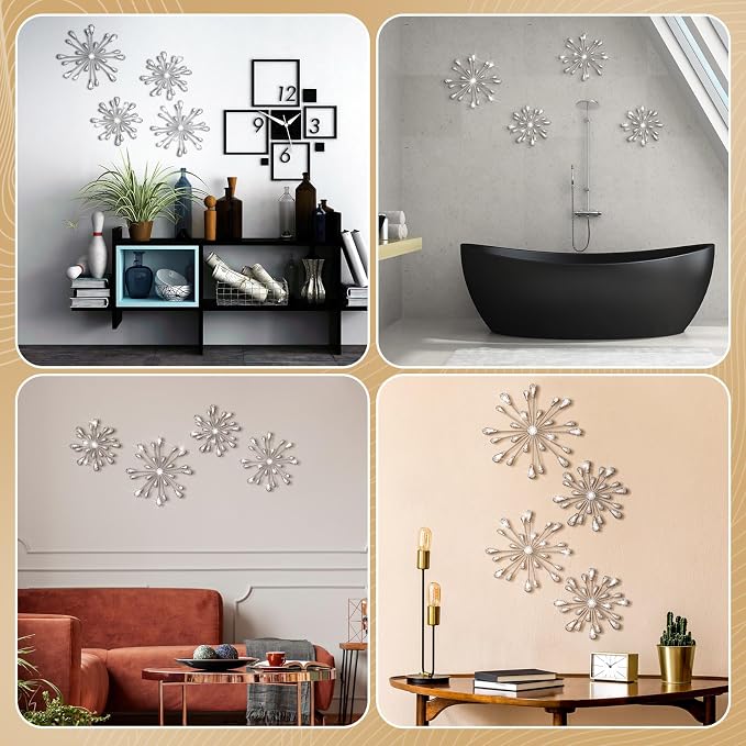 Hicarer 4 Pcs Starburst Wall Decor Bling Wall Art Crystal Teardrop 3D Hanging Rhinestone Radial Metal Artwork Modern Accent Sculptures Decorations for Living Room Home Office Bedroom(Silver)