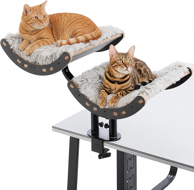 PEQULTI Desk Cat Bed for 2 Cats, 2-Tier 360° Rotating Cat Hammock, Black | Clamp-on desk-edge perch holds 50 lbs wobble-free; removable washable cushion; bunk bed for 2 cats; no-drill, furniture-safe