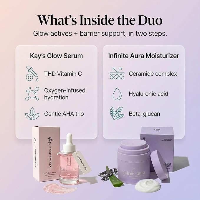 Kay’s Glow Serum + Infinite Aura Moisturizer – Oxygen-Infused THDA Vitamin C with Gentle AHA for Face and neck | Hydrates, Soothes and Brightens Bundle