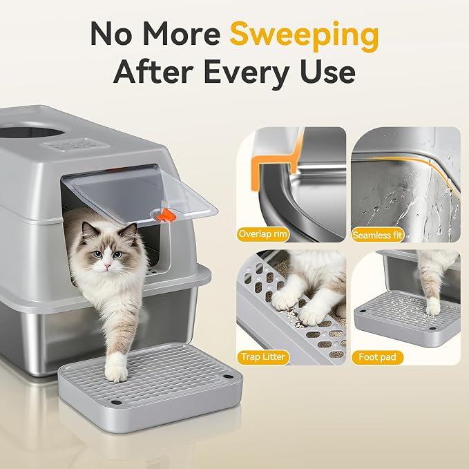 XL Enclosed Stainless Steel Litter Box with Lid, Light Gray | covered, High Sided, Rustproof & Leak Proof, Easy Clean, Odor Control, Includes Scoop & Step