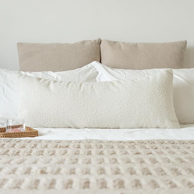JoraLion 14x36 inch Boucle Lumbar Pillow Cover, Cream Woven Texture Neutral Long Pillow Cover Breathable Cushion Case for Couch Sofa Bed Living Room Home Decor (Cover Only)