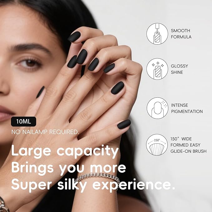 Black Matte Nail Polish, Quick Dry Nail Polish, No UV Lamp Needed, Streak Free, Long Last Fingernail Polish for Nail Manicure Salon DIY Nail Art, 0.35 Fl Oz
