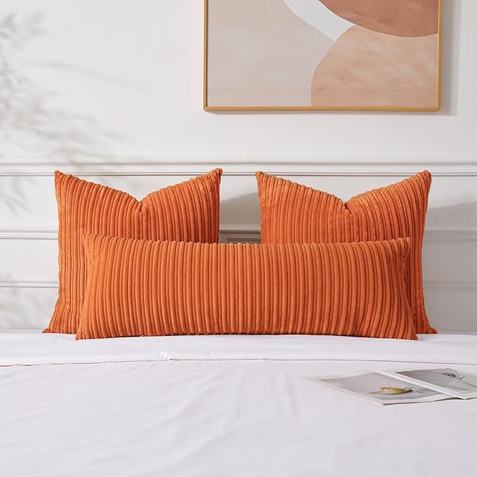 UGASA Fall 14x36 Inch Pillow Cover Pack of 1 Soft Boho Stripe Corduroy Large Long Rectangle Lumbar Cushion Case Farmhouse Decorative Throw Pilowcase for Bed, Couch, Sofa, Bedroom, Dark Orange