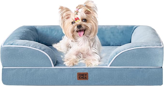 EHEYCIGA Orthopedic Small Dog Bed, Waterproof Memory Foam Washable Pet Beds | Non-Slip Bottom and Egg-Crate Foam Medium Pet Couch Bed with Washable Removable Cover, Washed Blue