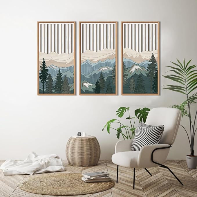 IARTTOP Large Mountain Wood Wall Art Framed Decor Set of 3, Modern Mountain Landscape Wall Art Nature Artwork Wall Decor for Bedroom, Living Room, Office-16 x32