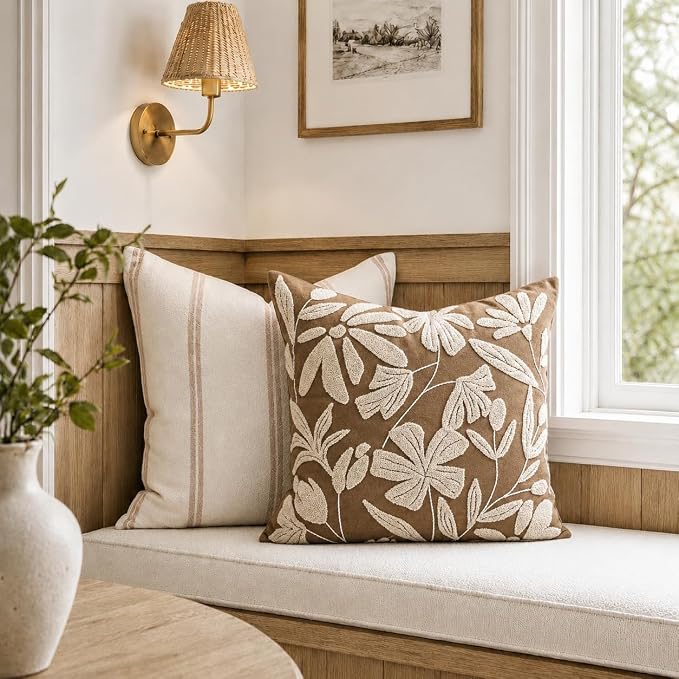 20x20 Throw Pillow Cover, Square Brown Decorative Cushion Cover for Couch Sofa, Embroidered Velvet Farmhouse Accent Pillowcase (Cover Only)