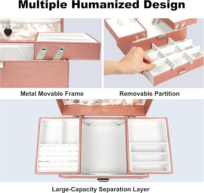 Jewelry Organizer Box, Large Jewelry Boxes for Women Girls, Space-Saving 3 Layers Jewelry Storage Case with Drawer, Movable Metal Stand, Modern, Gift Idea (Champagne)