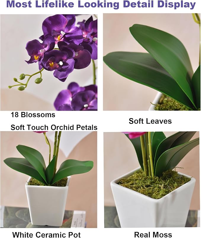 22" Dark Purple Faux Orchid in Ceramic Vase for Table Décor | Real Look Potted Phalaenopsis, Ideal Centerpiece for Home, Office, or Indoor Display, Lifelike Silk Flowers, No Maintenance