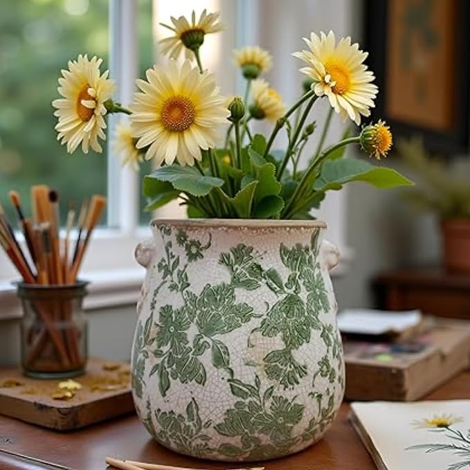 Vintage Ceramic Vase with Green Floral Pattern, White and Green, Crackle Glazed Finish, Decorative Garden Design (Large - Belly Jar with Drainage Hole)