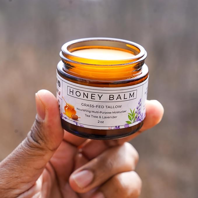 Tallow and Honey Balm, Organic Body Butter, Grass-Fed Beef Tallow for Skin, Soothing All-Natural Moisturizer for Body and Face | Made in USA - 2 oz (Tea Tree & Lavender)