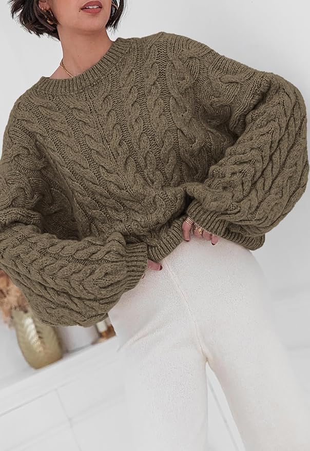 PRETTYGARDEN Womens Sweaters Spring 2026 Cable Knit Long Sleeve Crewneck Oversized Sweater Chunky Pullover Loose Outfits
