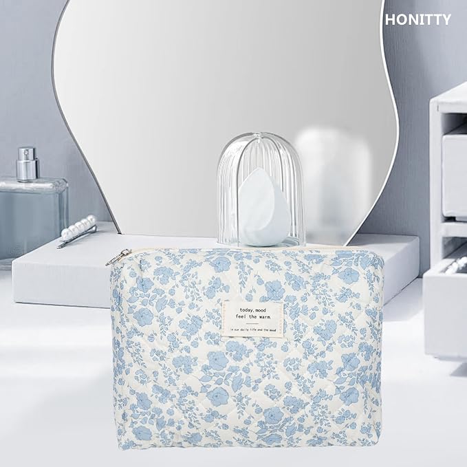 honitty Makeup Pouch,Quilted Cosmetic Bags,Large Floral Make Up Organizer for Women