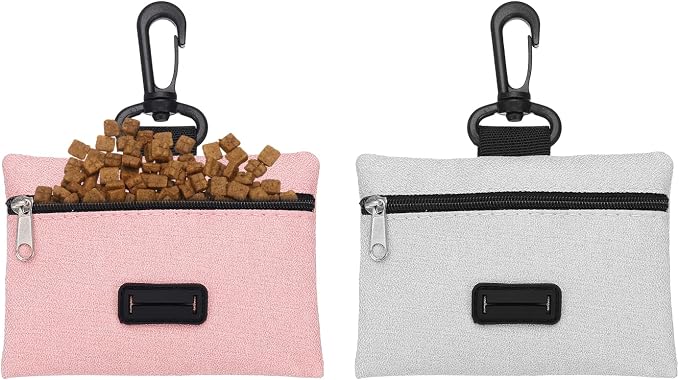 Dog Poop Bag Holder, Pet Waste Bag Dispenser Dog Treat Pouch with Clip Oxford Cloth Portable Reusable Easy Cleanup(2Pcs, Gray/Pink), Intended for Outdoor/Travel/Walking