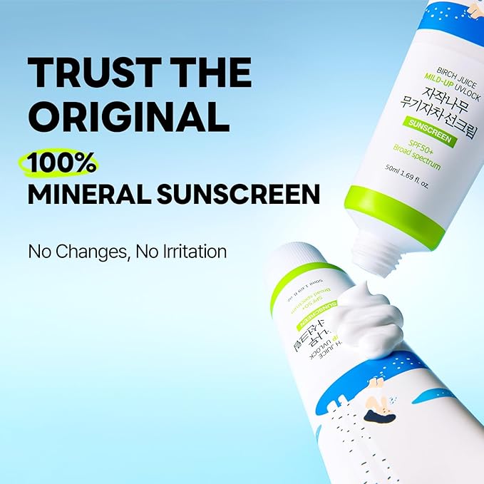 ROUND LAB Birch Juice Mild-up Sunscreen UV LOCK 1.69 Fl Oz | SPF 50+ broad spectrum, Mineral Zinc Oxide, for Sensitive Skin, Control Oil and Sebum, Korean Sunscreen