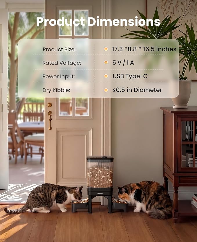 oneisall Automatic Cat Feeder for 2 Cats Pets, 32 Cups/7L | Elevated Bowls, Prevent Fighting, Precise Portions, Balanced Dispensing, Non-Slip & Stable, Easy-to-Clean