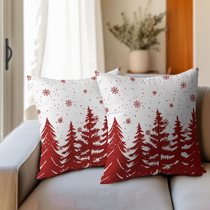 Kawani Christmas Trees Pillow Covers 22x22 Inches, 2 Pcs Red White Xmas Snowflakes Pine Tree Pillowcase Cotton Linen Square Cushion Case for Couch Bed Sofa Holiday Party Home Décor