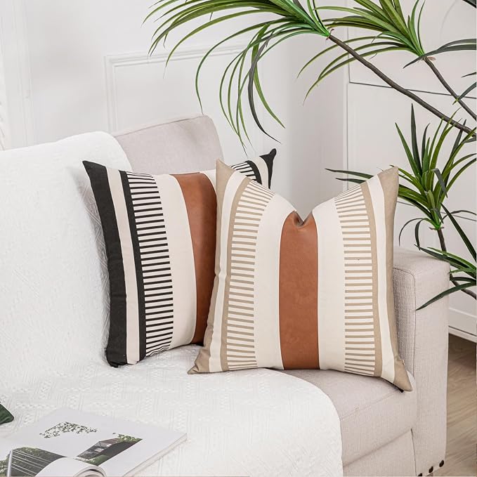 2 Pack 20x20 Inch Pillow Covers - Brown Faux Leather & Tan Stripe Print Soft Canvas Splicing, Same Pattern Both Sides | for Sofa Couch Bed Living Room, Farmhouse Industrial Minimalist Decor