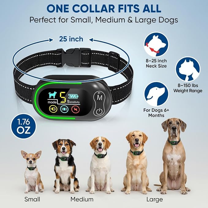 Smart Anti Bark Collar for Dogs | Rechargeable Dog Collar IP67 Waterproof with 5 Adjustable Sensitivity Levels | 3-in-1 Training Modes for All Dog Sizes with Dog tag| Stop Barking Instantly