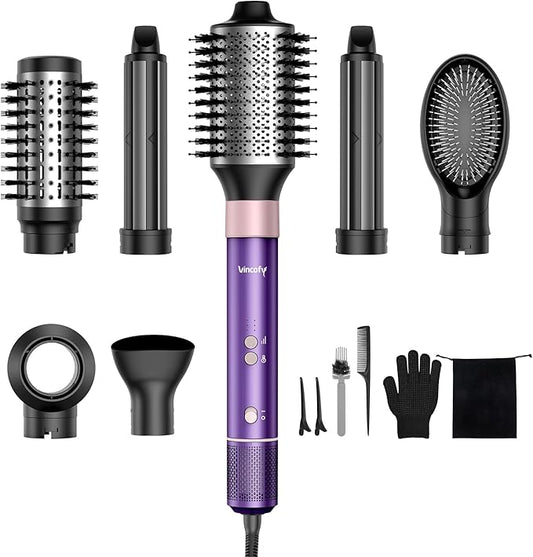 Vincofy 7 in 1 Blow Dryer Brush Set – Hot Air Styler for Fast Drying, Curling, Straightening & Volumizing – Ionic Hair Dryer Brush with 1200W Power – No Heat Damage for All Hair Types – Lilac