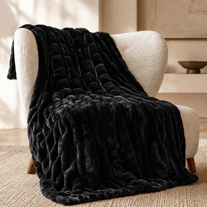 BATTILO Soft Faux Fur Throw Blanket for Couch, Double Side, 60"x80", Black | Black Throw Blanket, Bubble Blanket, Cozy Warm Fluffy Faux Fur Blanket For Bed, Sofa Living Room
