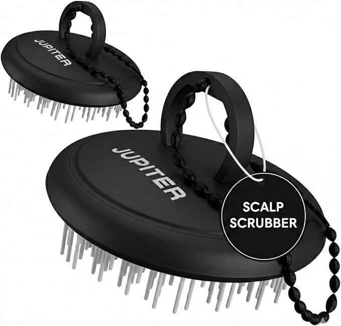 Jupiter Scalp Exfoliator - Scalp Massager Tool for Wet & Dry Hair - Ergonomic Detangler Brush - Dandruff Comb & Scrub to Remove Dandruff & Buildup and Support Circulation - 2 Pack, Black