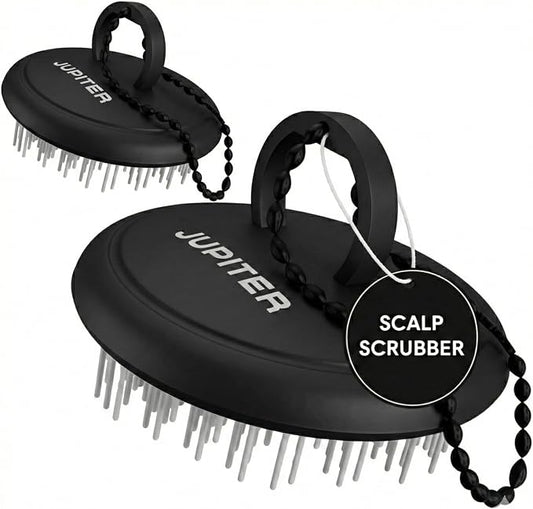 Jupiter Scalp Exfoliator - Scalp Massager Tool for Wet & Dry Hair - Ergonomic Detangler Brush - Dandruff Comb & Scrub to Remove Dandruff & Buildup and Support Circulation - 2 Pack, Black