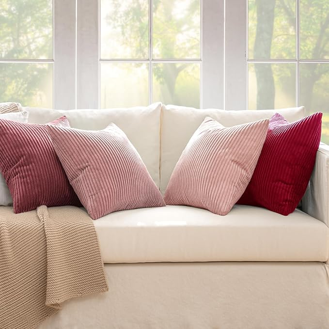 MIULEE Soft Corduroy Decorative Throw Pillow Covers Pink Series 18x18 | Set of 4, Shabby Chic Romantic Decor, Warm Red Pink Palette, Boho Farmhouse Cushion Covers for Couch Bed Sofa Living Room