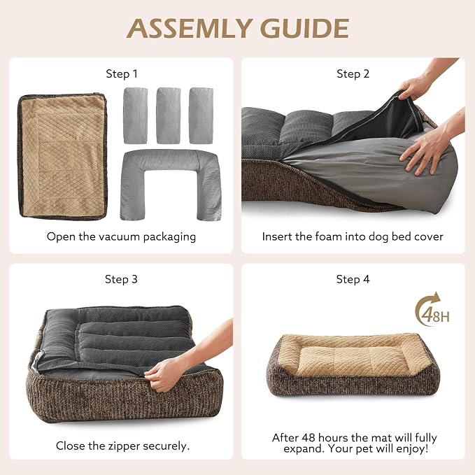 JOEJOY XL Orthopedic Dog Bed for Large Dogs - Extra Thick Foam Pet Bed Sofa with Bolster Sides, Large Sized Dog Couch Bed with Removable Washable Cover, Non-Slip Bottom, Brown (45"x32")