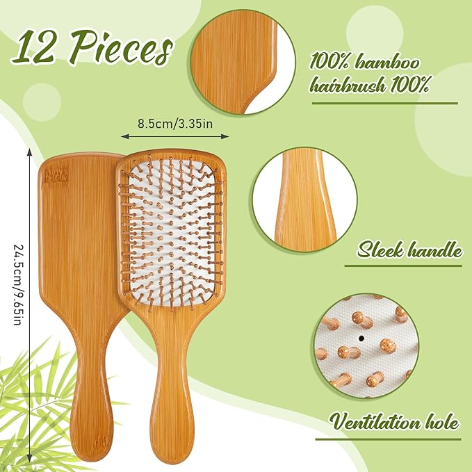 Tessco for you 12 Pcs Bamboo Hair Brushes Bulk Wooden Paddle Brush Scalp Massage Bristle Anti Static Engraving DIY Gifts for Women, Party, Wedding(9.65'' X 3.35'',White)
