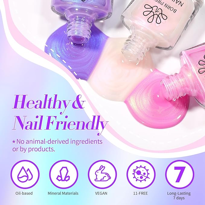 Born Pretty Pearl Nail Polish Set, 6 Colors Ombre Pearl Shimmer White Pink Purple Mermaid Nail Polish Quick Dry Spring Summer Finger Shell Glitter Nail Lacquer Set