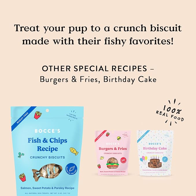 Bocce's Bakery Fish & Chips Flavor Crunchy Biscuits Dog Treats, 5 oz | Oven Baked, Wheat-Free Everyday Dog Treat Biscuits - Made with Real, Limited Ingredients and Baked in The USA