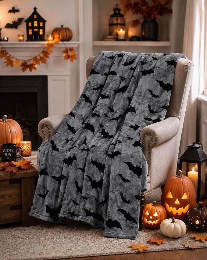 Halloween Fleece Throw Blanket, Black Bats on Gray, 50"x70" Oversized | Ultra-soft cozy flannel fleece, for sofa couch bed chair & dorms, spooky Halloween décor, durable and machine washable.