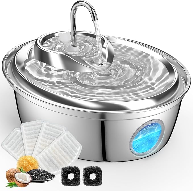 ORSDA Cat Water Fountain Stainless Steel, Cat Fountains for Drinking, 67oz/2L Automatic Pet Fountain Water Dispenser with Water Level Window for Cats and Small Dogs - 3 Filters +1 Pump Sponges