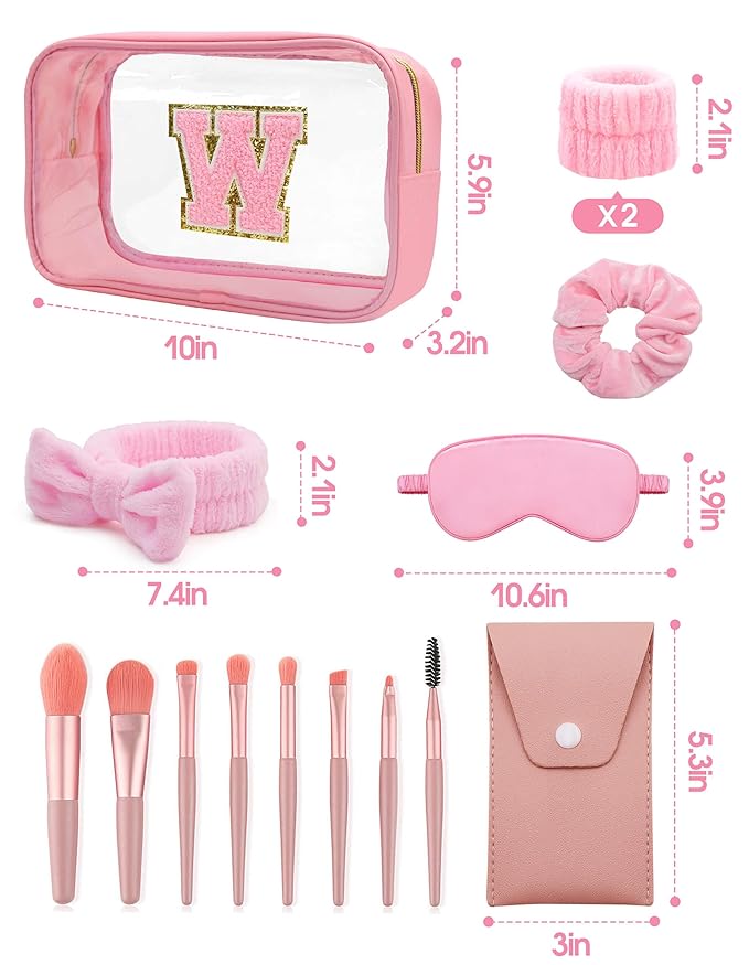 Gift Sets for Women, Initial Makeup Bag with Makeup Brush Set Bachelorette Party Favors, Pink Spa Kit with Skincare Headbands Wrist Bands Sleepover Party Supplies Gifts for Teen Girls Bridesmaid W