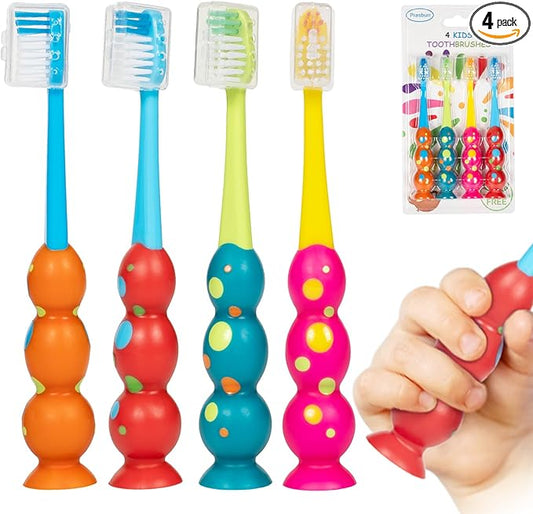 PRASBURR Toddler Toothbrush - Kids Toothbrush Soft Bristles with Suction Cup for Easy Storage, for Age 2-4 and Older, Pack of 4