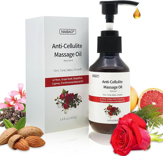 3.4 fl oz Anti-Cellulite Massage Oil with 7 Pure Natural Essential Oils for Body Massage Therapy, SPA, Tightening Skin and Reducing Stretch Marks(Rose Scent)