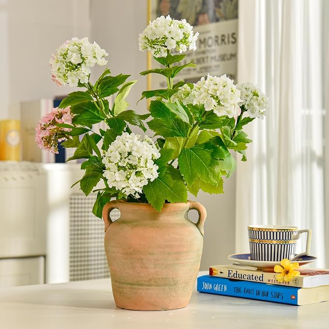 Sungmor Rustic Ceramic Flower Vase with Handles, 6.9 Inch Straight Barrel | Terracotta Plant Pots, Cement Textured Vases Home Decor, Indoor Fresh Flowers Planter, Dried Flower Arrangements