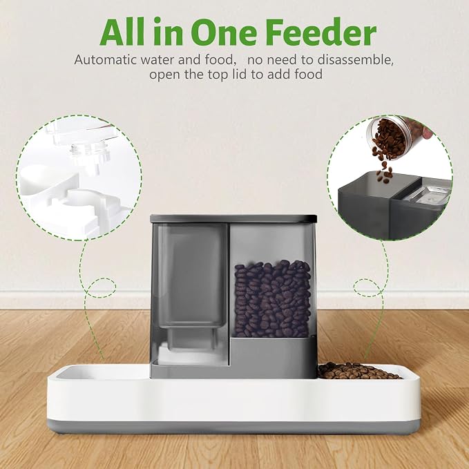 Yummy Sam Automatic Small Pet Feeder and Water Dispenser, Grey | 2 in 1 Gravity Cat Auto 1.5L Pet Feeder and 1L Waterer Set, Feeder Dish for Small Medium Pets Dog Puppy Kitten