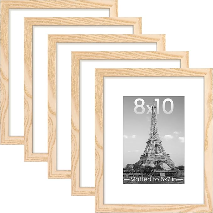 upsimples 8x10 Picture Frames, Gallery Wall Frames Set of 5, Natural Style | Photo Frame Collage Wall Decor, 8 x 10 Frame, 5x7 Frame with Mat for Family, Baby, Hallway, Christmas