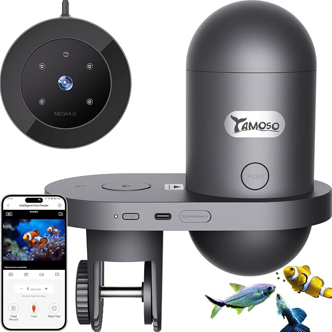 WiFi Automatic Fish Feeder with 2.5K Camera, 2.4/5G Smart App Remote Control, Vacation Feeding Timer, Precision Fish Food Dispenser, 230ML Moisture-Proof Aquatic Pet Feeder for 10+ Gallon Tank