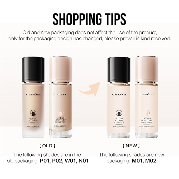 CARSLAN Lasting Cover Foundation, 24H Longlasting Full Coverage Matte Finish Face Makeup, Poreless, Lightweight, Waterproof, Oil Free Liquid Foundation, N01