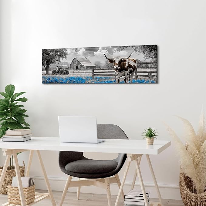 Highland Cow Wall Art Country Barn Truck Pictures for Living Room Western Wall Decor Meadow Scenery Canvas Painting Black and White Poster Prints Artwork Farmhouse Kitchen Decorations 14x48"