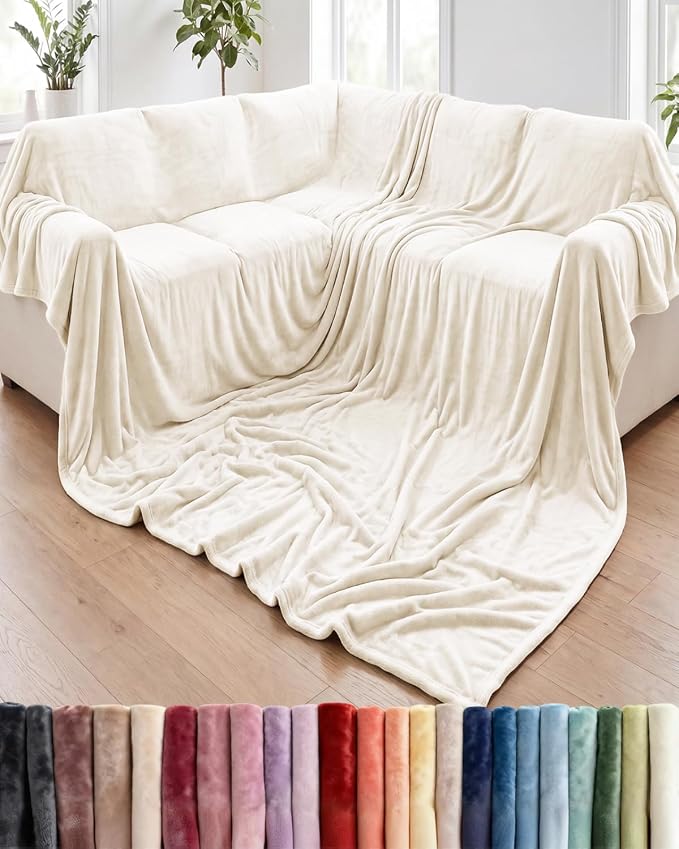 Ultra Soft Fleece Blanket Oversized King Size - Flannel Fleece Luxury Blanket - Lightweight for Couch Bed Chair - Thick, Warm and Breathable - All Season Cozy, Cream