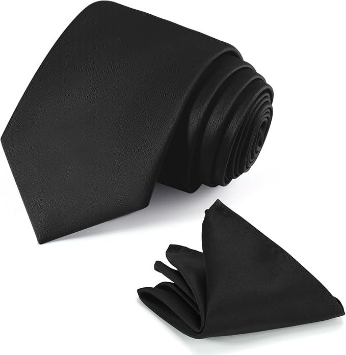 Black Tie Set in Gift Box Mens Solid Color 3.15" (8CM) Black Necktie and Pocket Square Set