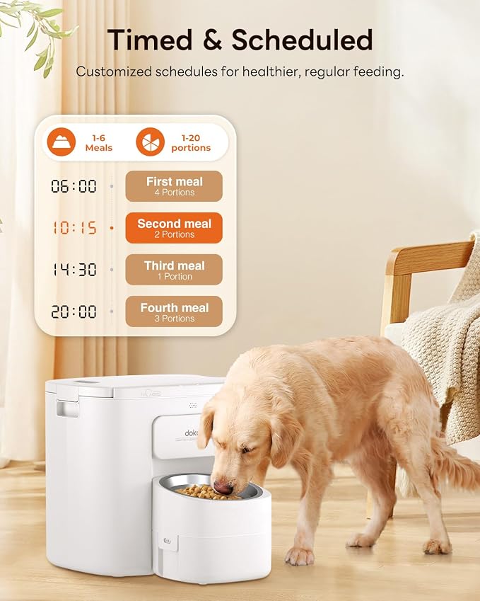 Dokoo Automatic Dog Feeder for Large Breeds, 15L/63 Cups Vacuum-Sealed | Airtight Auto Pet Feeder for Dry Food, Timed Feeding, Anti-Clog Dispenser 2-22mm Kibble, Voice Recorder, Stainless Steel Bowl