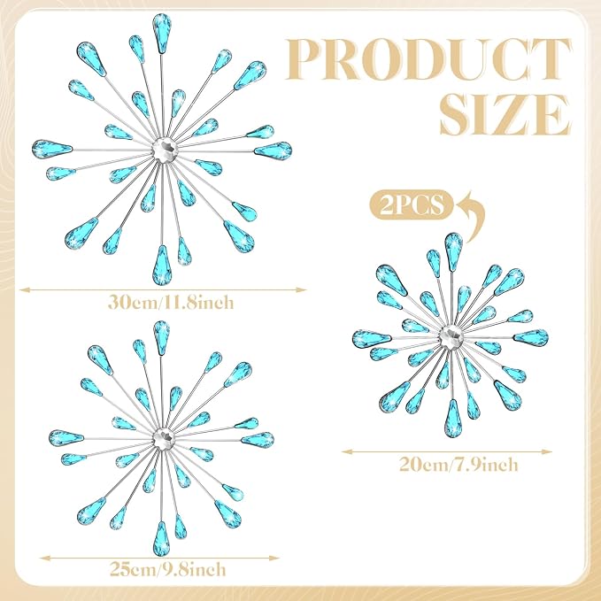 Hicarer 4 Pcs Starburst Wall Decor Bling Wall Art Crystal Teardrop 3D Hanging Rhinestone Radial Metal Artwork Modern Accent Sculptures Decorations for Living Room Home Office Bedroom(Blue)