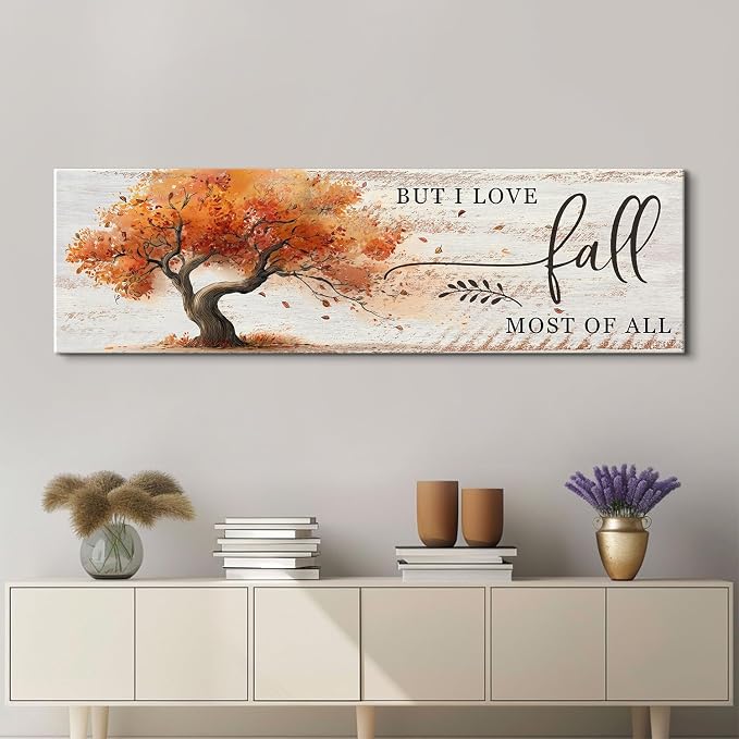 Fall Wall Art Autumn Tree Landscape Wall Decor Vintage Rustic Fall Picture Canvas Prints for Living Room Bedroom But I Love Fall Most of All Signs Poster Painting Holiday Artwork Home Decoration 14x48”