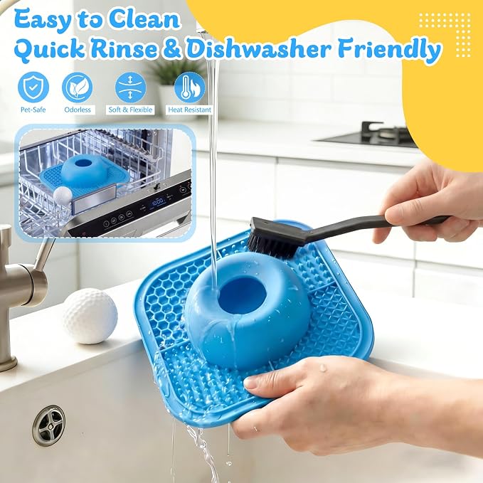 Slow Feeder Dog Bowls & Lick Mat for Liquid and Thick Treat, Anti-Slip Dog Lick Bowl with Interactive Rolling Ball, 5/6 Cup Pup Licking Toy for Large Medium Small Dogs and Cats-Large Blue