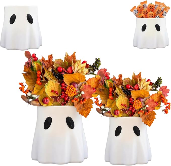Ghost Bucket Planter, Cute Ghost Design, Plastic, Indoor & Outdoor Decor, Versatile for Plants or Halloween Treats, Durable and Weather-Resistant, Spooky Home or Garden Decoration (7.87‘ + 5.91‘)