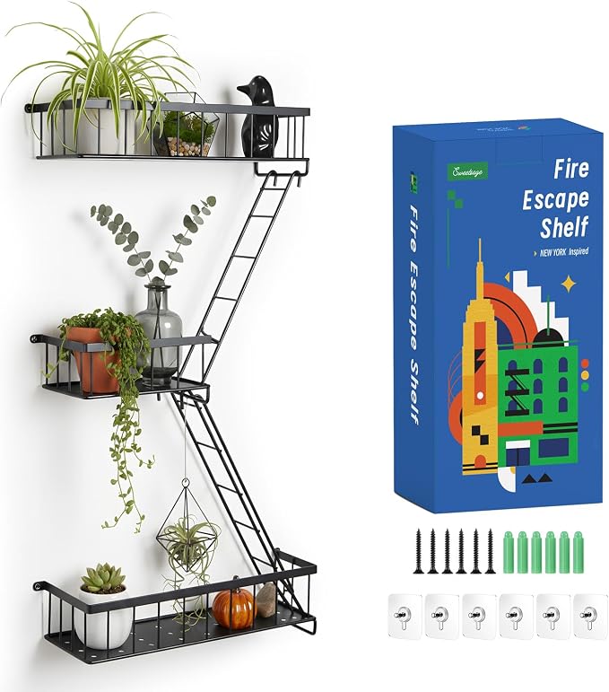 Fire Escape Wall Shelf, Modern City Corner Wall Decorative Action Figure Metal Display with Mini Shelf, Black 2.5 Tier